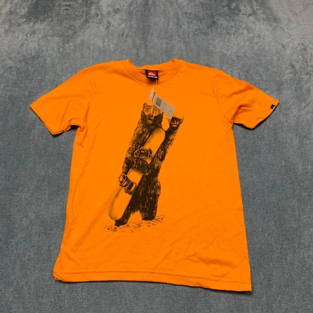 Y2K Quiksilver Snowboarding Bear T Shirt Kids Small Orange Crew Neck